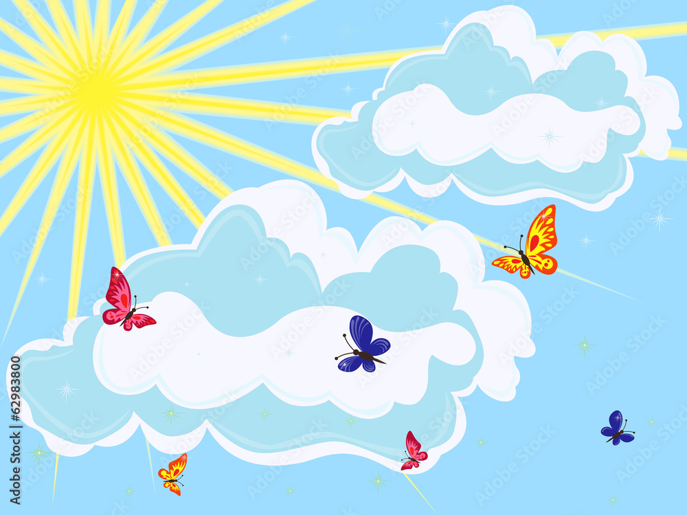 Sky with sun, clouds and butterflies