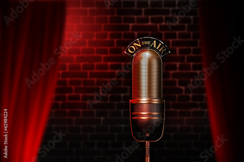 Fotografie, Obraz Vintage microphone on red cabaret stage