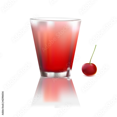 glass of cold juice in hot day and cherry