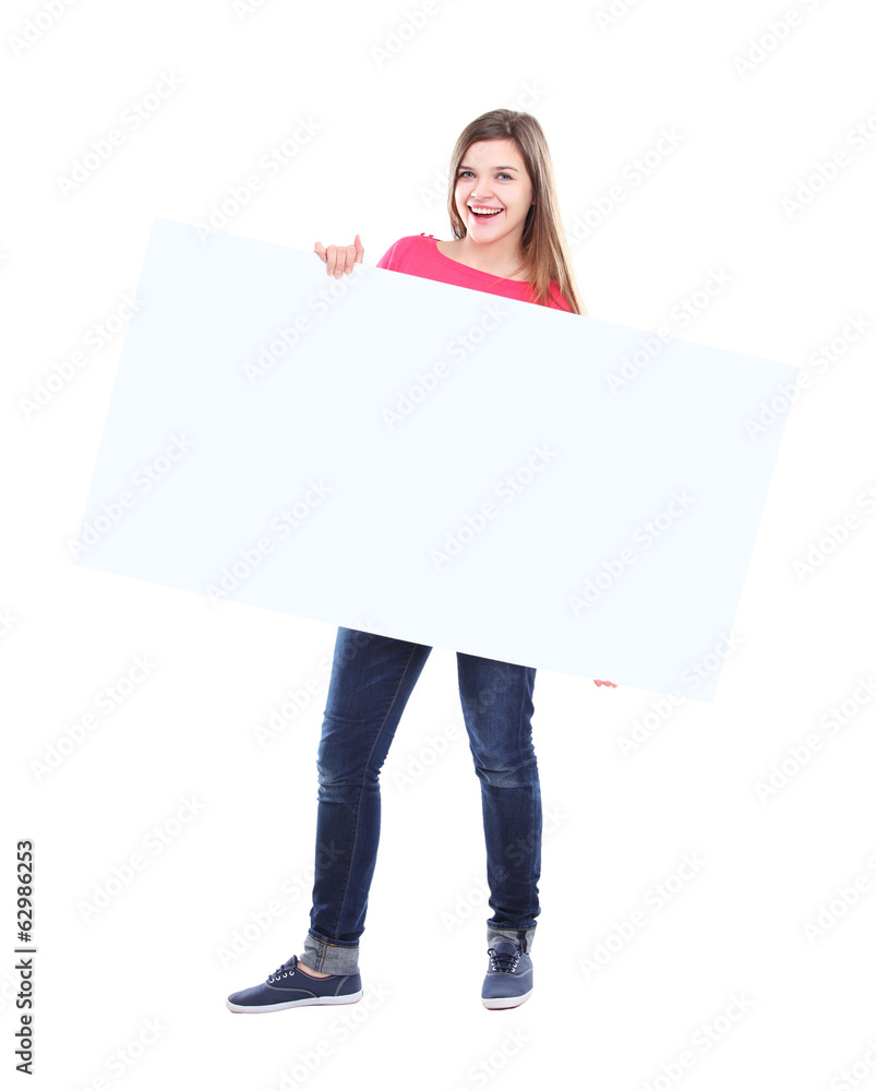 Beautiful woman holding a blank billboard isolated on white Beautiful woman holding a blank billboard isolated on white