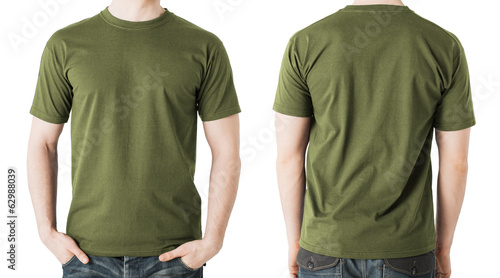 Schilderij op canvas man in blank khaki t-shirt, front and back view