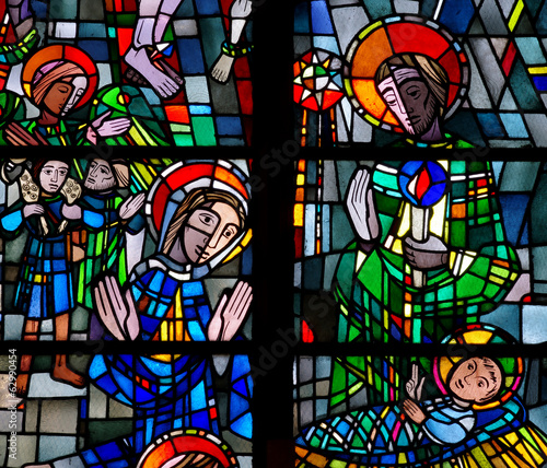 Nativity: birth of Jesus in stained glass