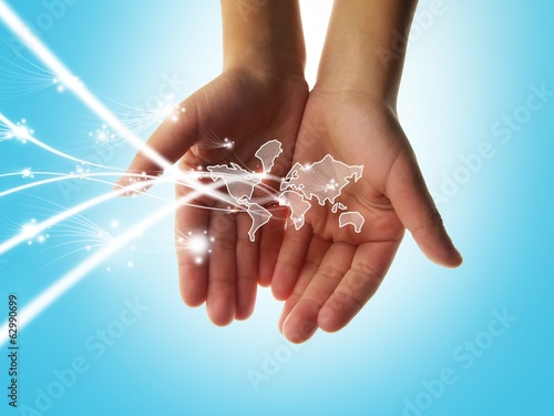 Social community in the world with many light lines.