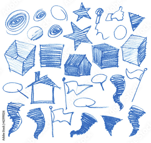 Set of hand drawn elements. Crayon.