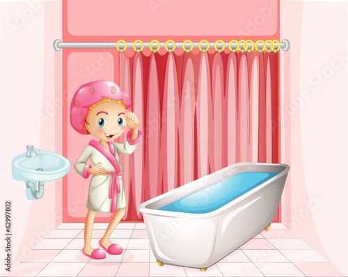 A young lady taking a bath in the bathroom