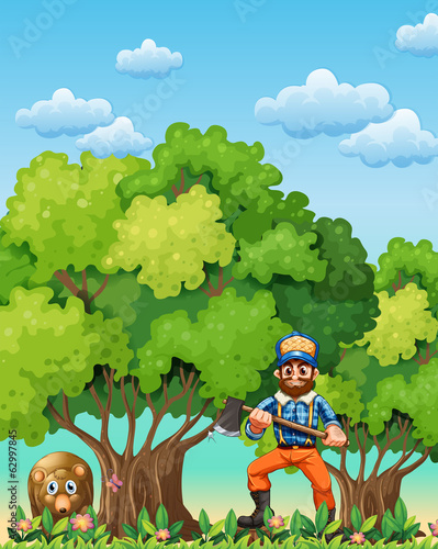 A forest with a bear and a lumberjack