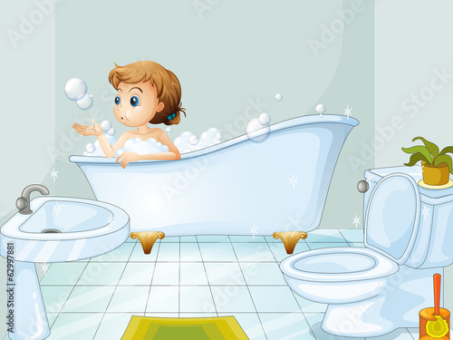 A young woman taking a bath in the bathtub