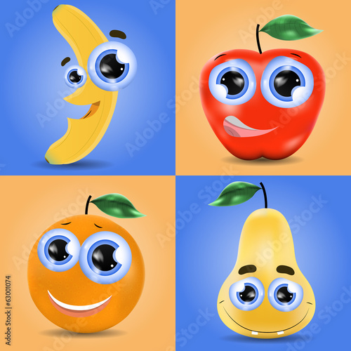 Funny fruit set of banana, orange, pear and apple