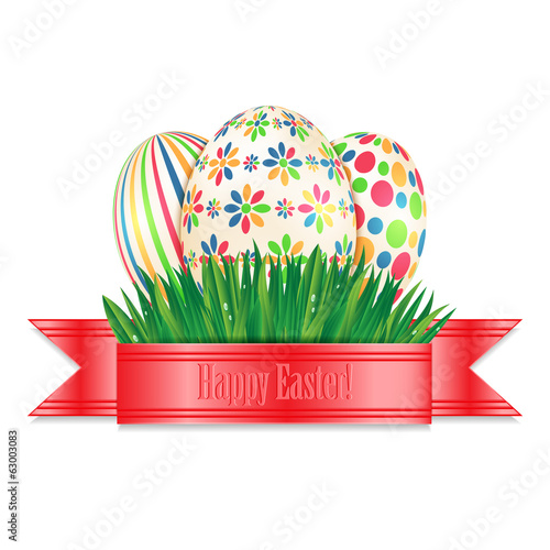 Easter eggs with colorful patterns and green spring grass isolat