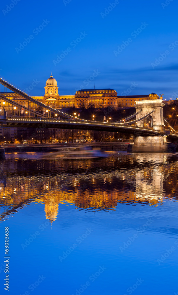 Budapest castle and chain bridge in the evening, Hungary