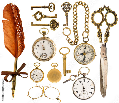 antique accessories. antique keys, clock, scissors, compass