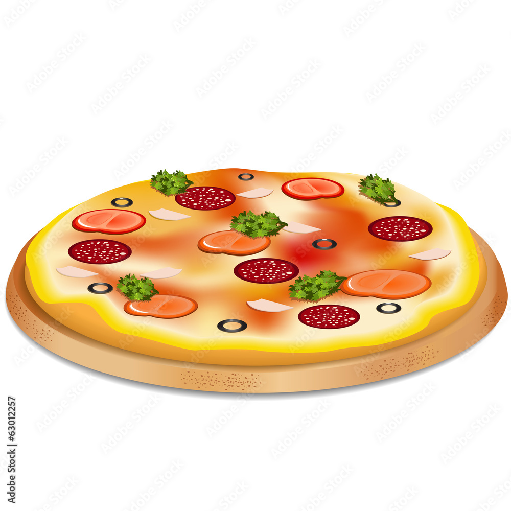 Fototapeta pizza with sausage, tomatoes and olives