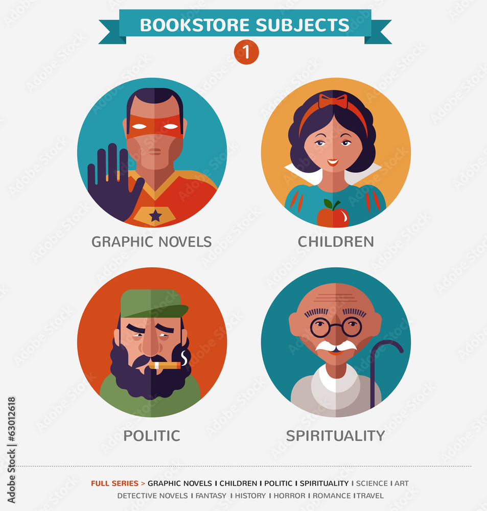 Bookstore subjects, flat icons and characters Bookstore subjects, flat icons and characters