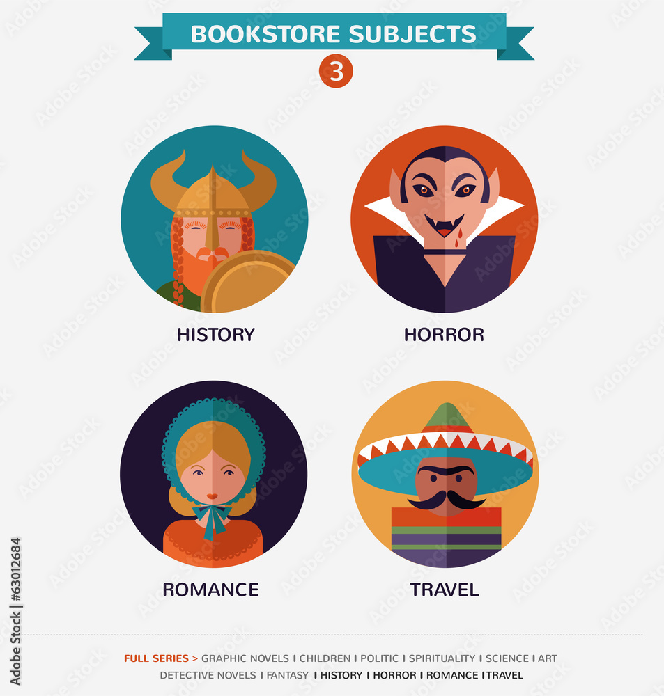 Bookstore subjects, flat icons and characters