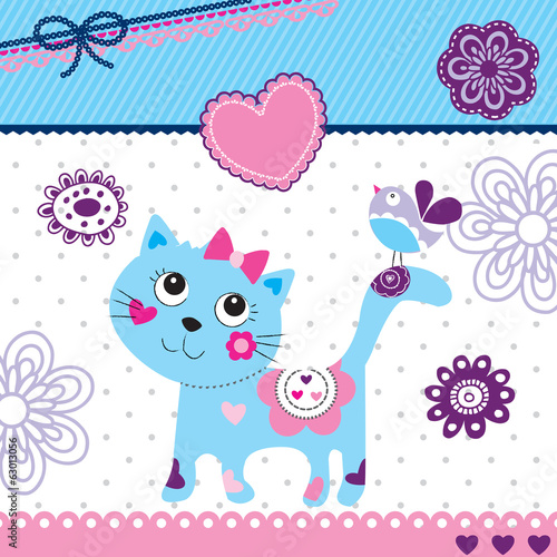 cute little cat and bird invitation card vector illustration