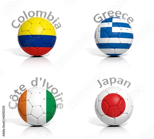 Group of soccer balls Colombia,Greece,Japan,Ivory Coast isolated