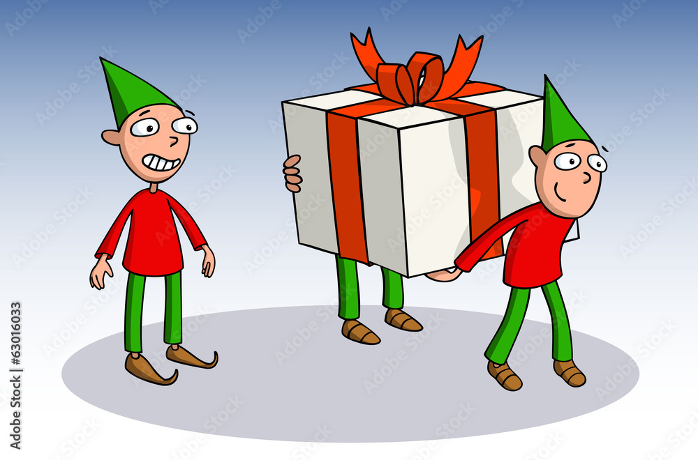 Happy christmas elves carrying a big gift.