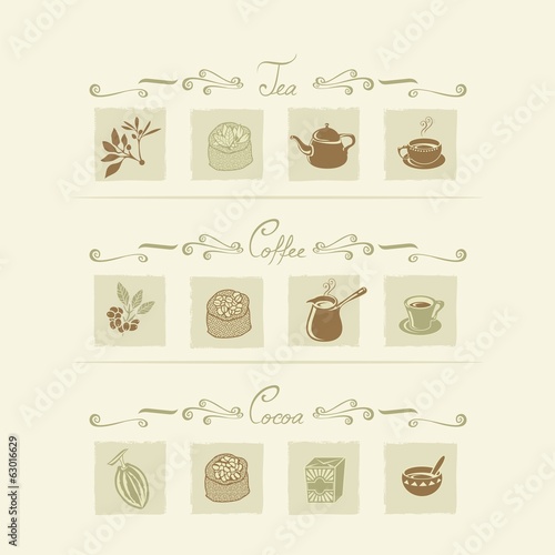 Beverages elements set with tea, coffee and cocoa