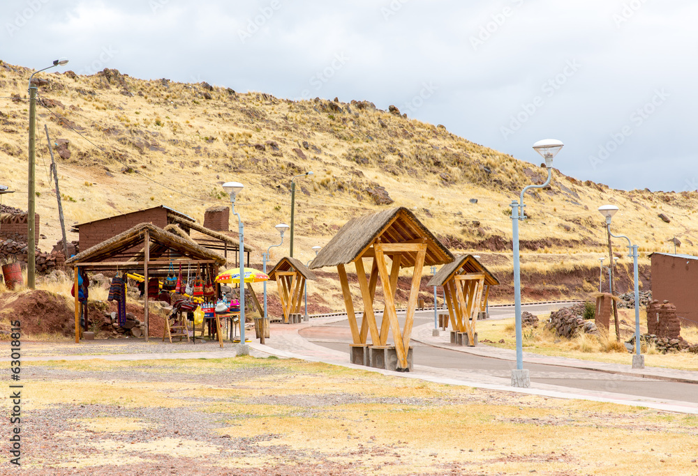 Souvenir market near towers in Sillustani, Peru,South America Souvenir market near towers in Sillustani, Peru,South America
