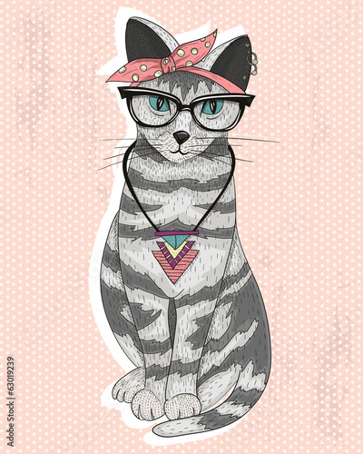 Plakat Śliczny hipster rockabilly kot z szalikiem, okularami i naszyjnikiem