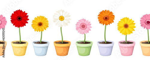 Gerbera in pots. Vector horizontal seamless background.
