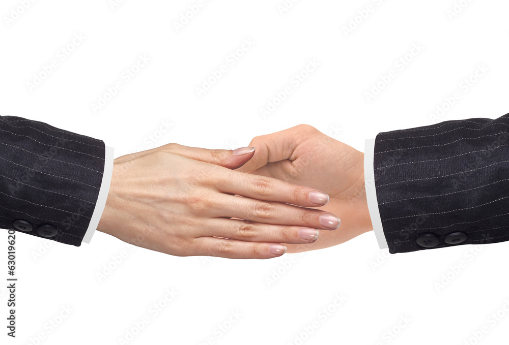 Women's hand goes to the man's hand isolated on white background Women's hand goes to the man's hand isolated on white background
