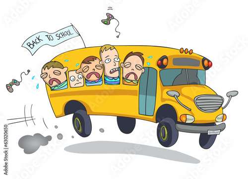 Sad kids, crying, going back to school on a bus.