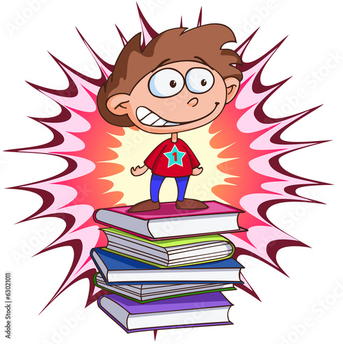Happy successful young student over stack of books.