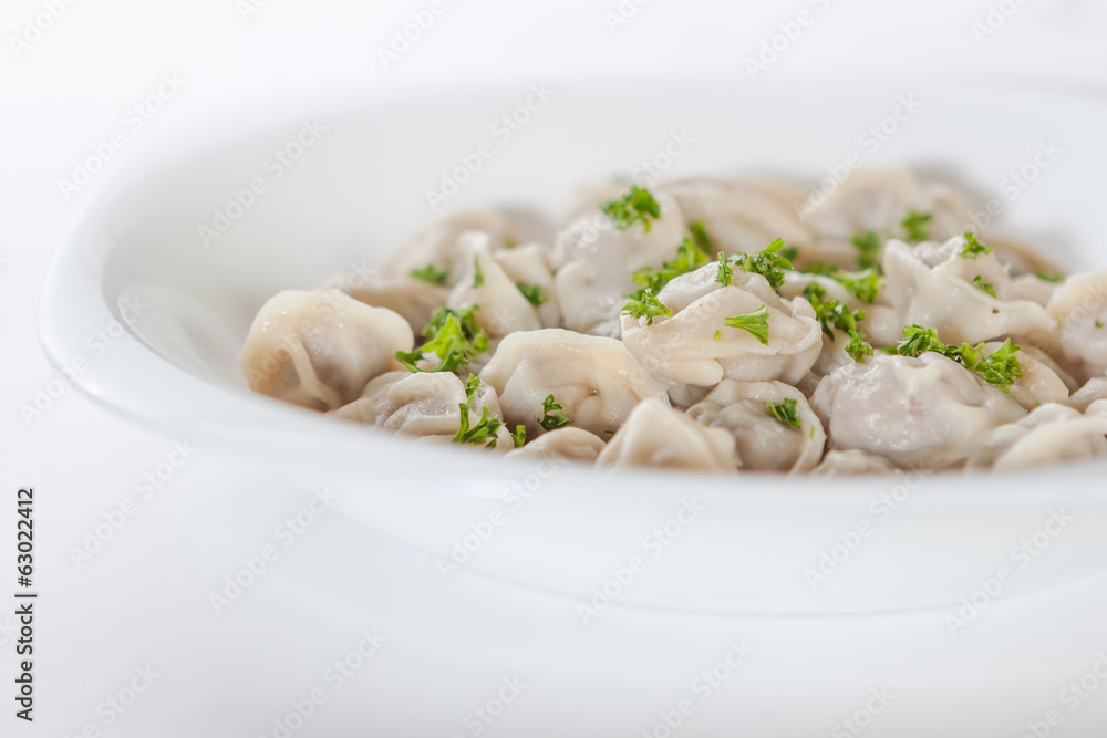 pelmeni with greens on a white background in a white plate pelmeni with greens on a white background in a white plate