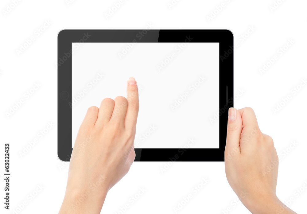 tablet computer isolated in a hand on the white backgrounds. lik