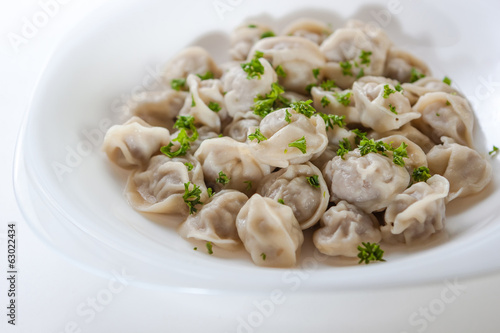 Meat dumplings with greens on a white background in a white plat