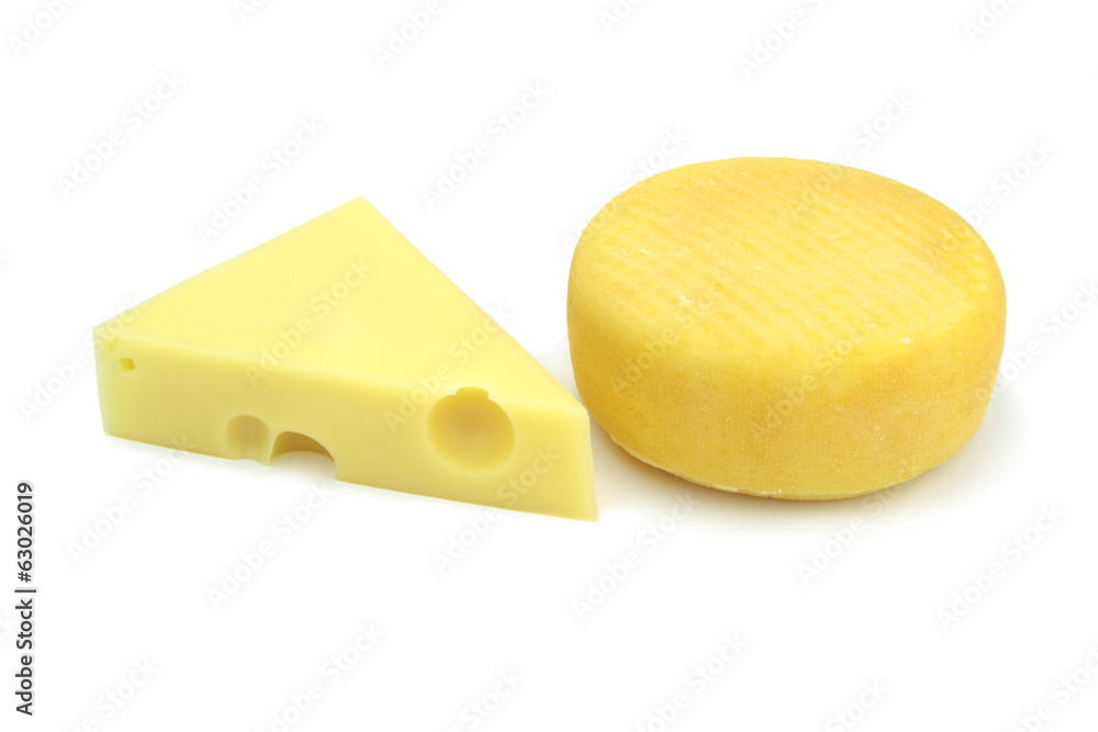 Emmental and kashar cheese on white background Emmental and kashar cheese on white background