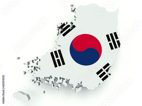 Map of South Korea with flag colors. 3d render.