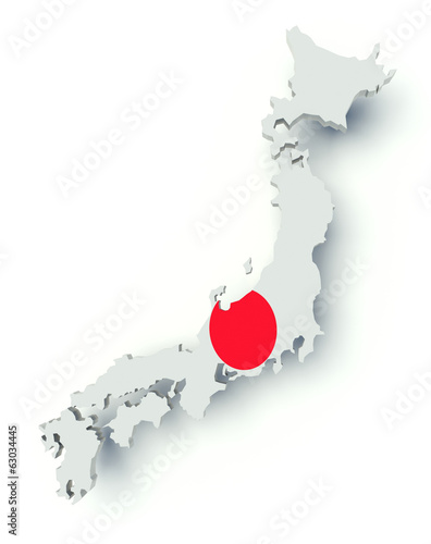 Map of Japan with flag colors. 3d render