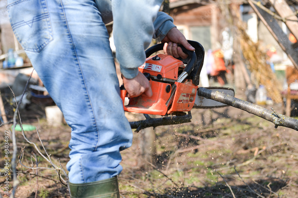 Obraz premium Lumberjack working with chainsaw, cutting wood. Selective focus