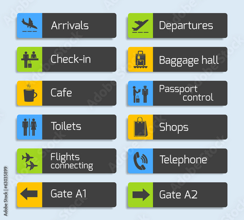 Airport Navigation Design Signboards Set