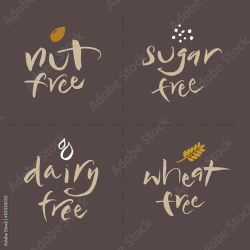 Hand written Vector Food Labels Set - Nut Sugar Dairy Wheat