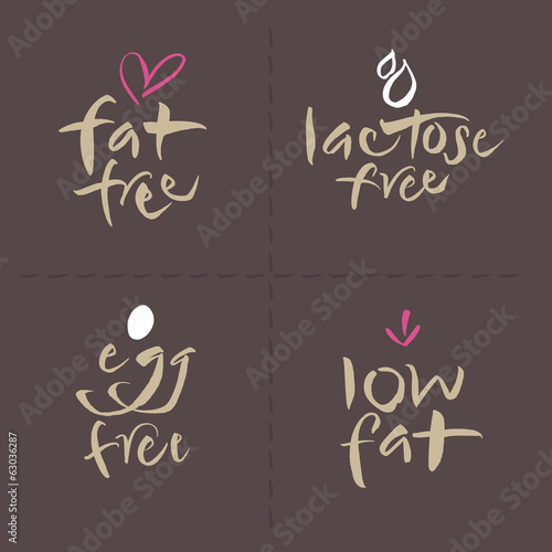 Hand written Vector Food Label Logos Set - egg fat lactose
