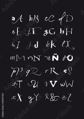Calligraphic hand written uppercase and lowercase black and whit