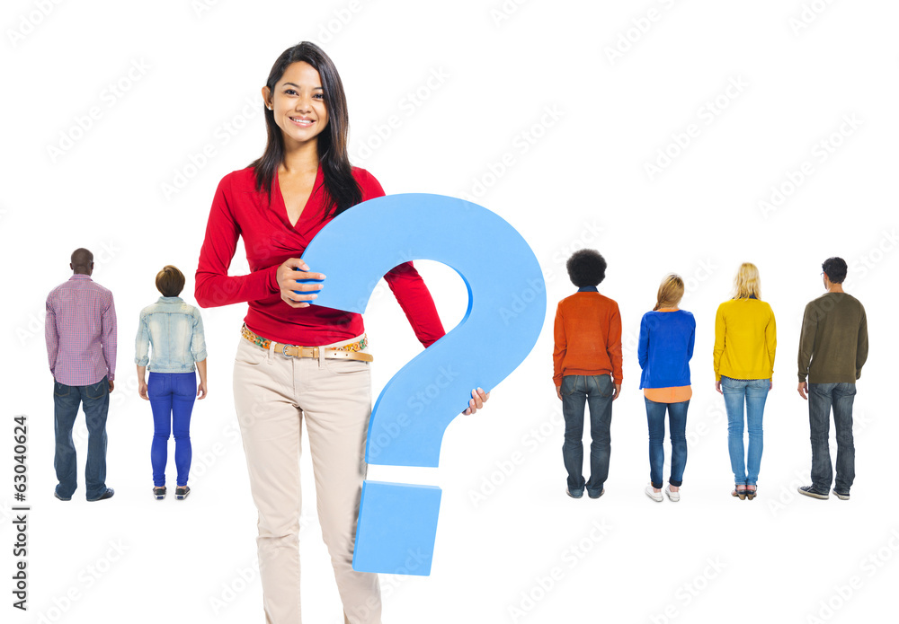 Asian Woman Holding Question Mark With Group of People Asian Woman Holding Question Mark With Group of People