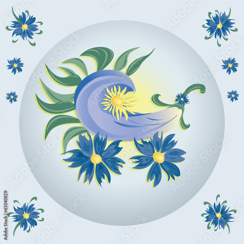 Pram with small sun figure inside on blue background.