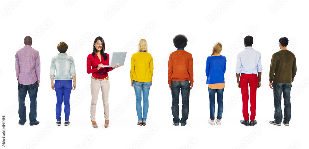 Fototapeta premium Back View of Multi-Ethnic People and a Woman Computer Networking