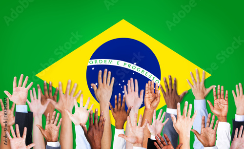Group of Multi-Ethnic Hands with Flag of Brazil #63041217