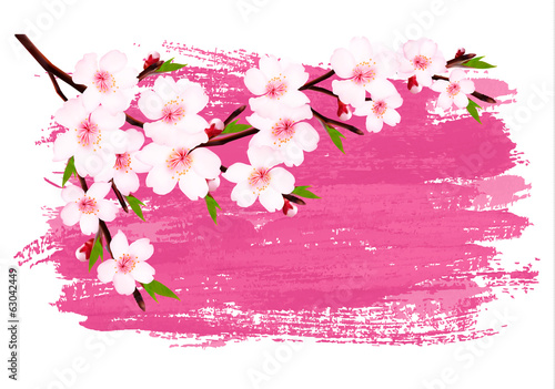 Pink paint sakura branch banner. Vector.