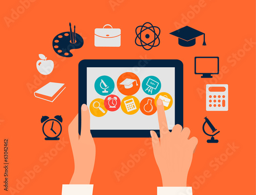 E-learning concept. Hands touching a tablet with education icons