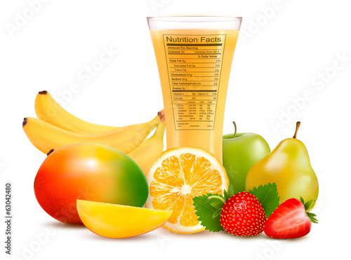 Fresh fruit and a glass of juice with a nutrition facts label. V