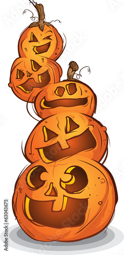 Pile of Carved Halloween Pumpkins Cartoon Characters