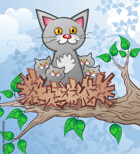 Cat and Kittens in a Nest up a Tree