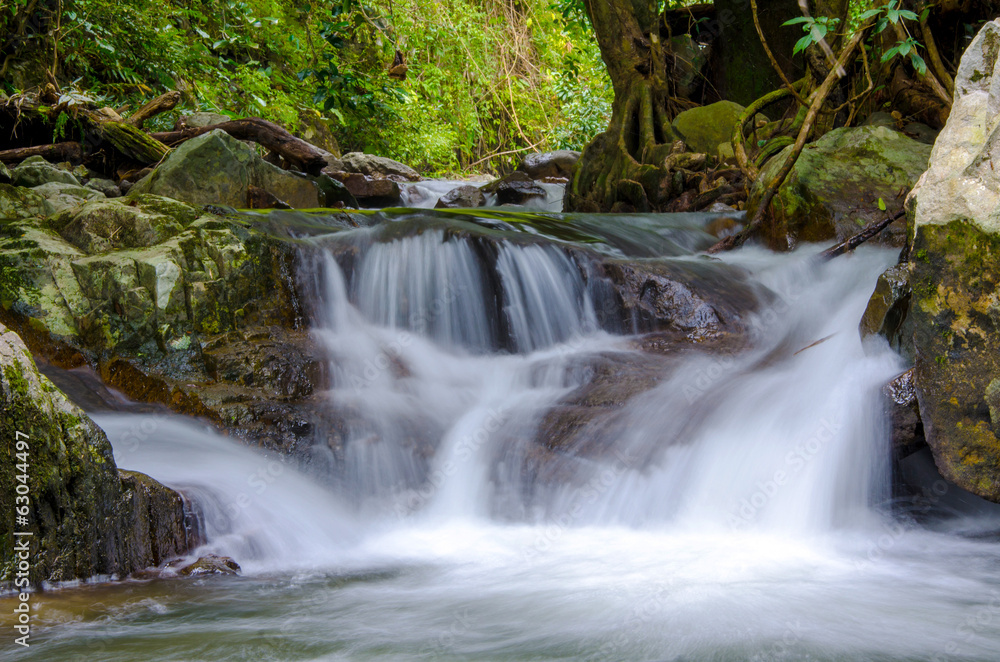 Waterfall in deep rain forest jungle