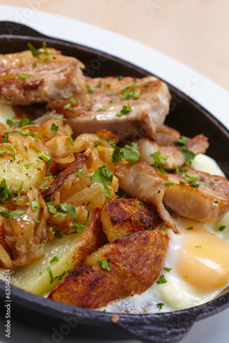 fried meat with potatoes and egg